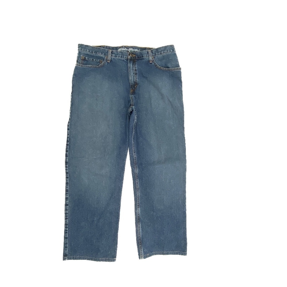 Eddie Bauer Relaxed Straight Jeans Mens 36x27 Blue Dark Wash Denim Hemmed